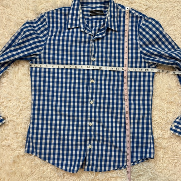 Club Monaco Gingham Button Down Shirt Plaid Textured Mens Slim L white blue - Picture 6 of 8